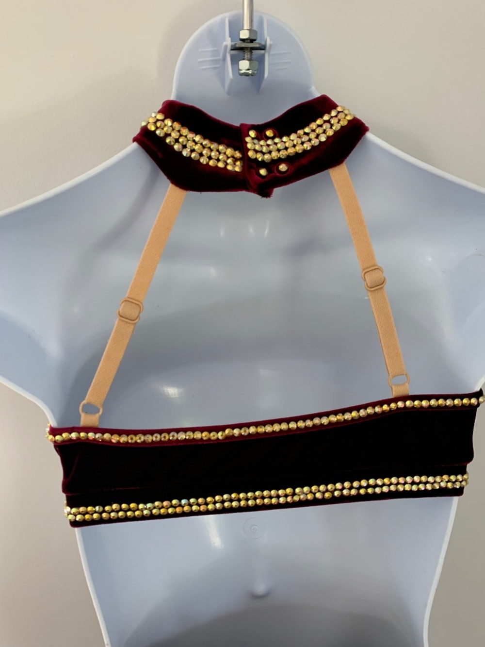 Child's Maroon Velvet Dance Costume: Gold Rhinestone Appliqués - Picture 6 of 7